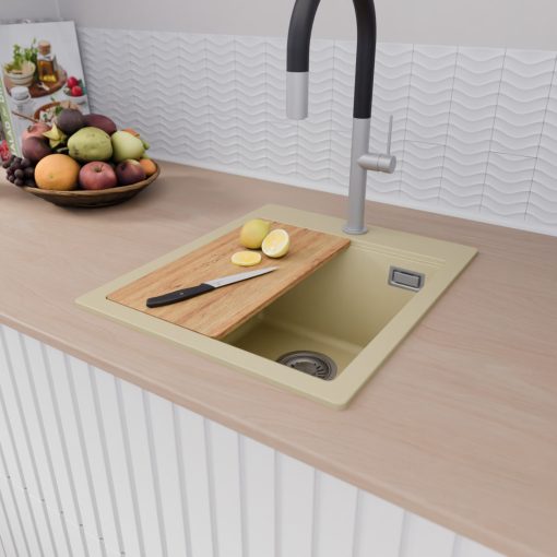 HD Infinity Beige 43 egymedencés gránit mosogatótálca szett, vágódeszkával, matt fekete csepegtetőráccsal és krómozott kosárral, soft bézs színben