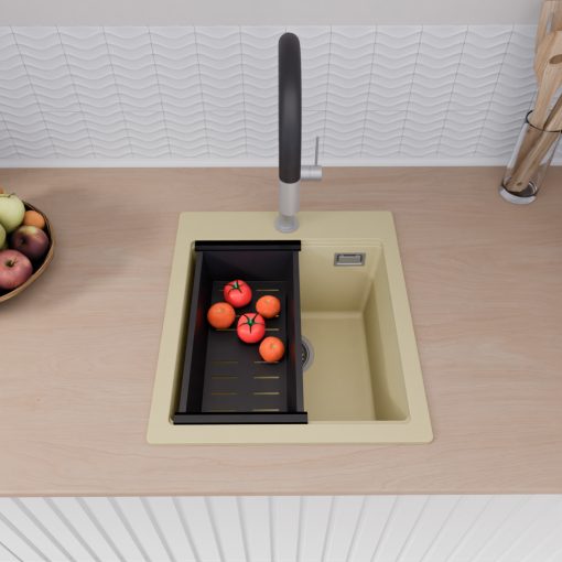 HD Infinity Beige 43 egymedencés gránit mosogatótálca szett, vágódeszkával, acél csepegtetőráccsal és matt fekete kosárral, soft bézs színben