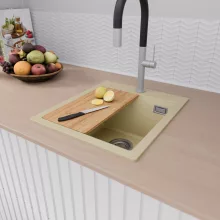 HD Infinity Beige 43 egymedencés gránit mosogatótálca szett, vágódeszkával, acél csepegtetőráccsal és kosárral, soft bézs színben