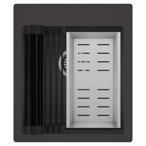 HD Infinity Antracit 43 egymedencés gránit mosogatótálca szett, matt fekete csepegtetőráccsal és krómozott kosárral, matt antracit színben, szálcsiszolt króm leeresztő szifonnal