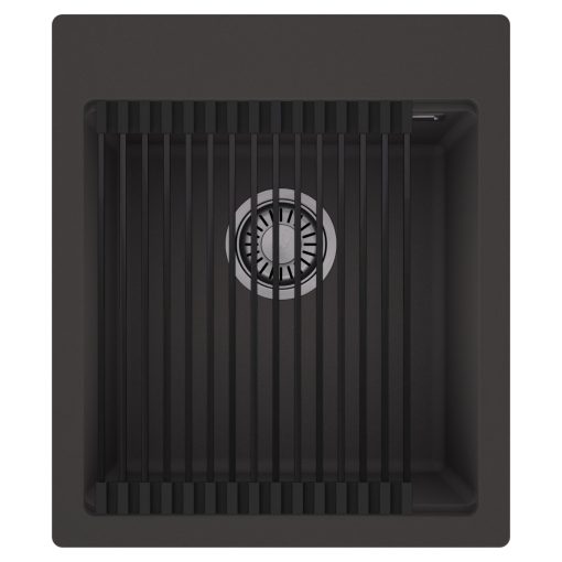 HD Infinity Antracit 43 egymedencés gránit mosogatótálca szett, matt fekete csepegtetőráccsal, matt antracit színben, szálcsiszolt króm leeresztő szifonnal