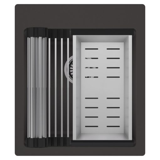 HD Infinity Antracit 43 egymedencés gránit mosogatótálca szett, acél csepegtetőráccsal és kosárral, matt antracit színben, szálcsiszolt króm leeresztő szifonnal