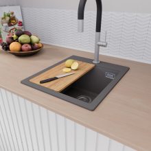 HD Infinity Antracit 43 egymedencés gránit mosogatótálca szett, vágódeszkával, matt fekete csepegtetőráccsal és krómozott kosárral, matt antracit színben, szálcsiszolt króm leeresztő szifonnal