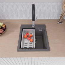 HD Infinity Antracit 43 egymedencés gránit mosogatótálca szett, vágódeszkával, matt fekete csepegtetőráccsal és krómozott kosárral, matt antracit színben, szálcsiszolt króm leeresztő szifonnal