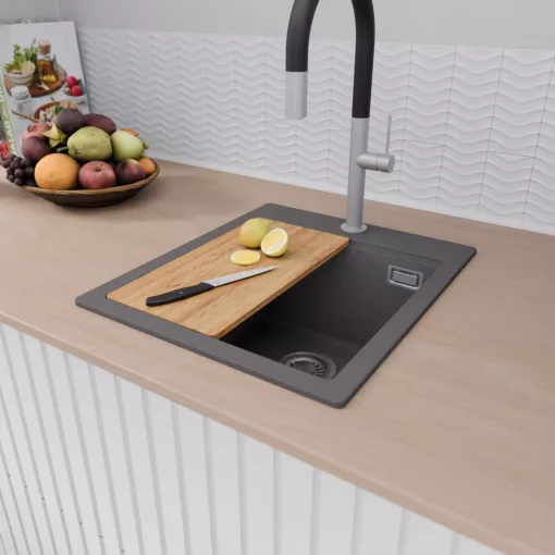 HD Infinity Antracit 43 egymedencés gránit mosogatótálca szett, vágódeszkával, matt fekete csepegtetőráccsal, matt antracit színben, szálcsiszolt króm leeresztő szifonnal