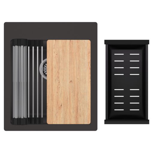 HD Infinity Antracit 43 egymedencés gránit mosogatótálca szett, vágódeszkával, acél csepegtetőráccsal és matt fekete kosárral, matt antracit színben, szálcsiszolt króm leeresztő szifonnal