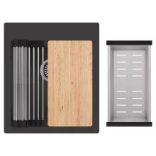 HD Infinity Antracit 43 egymedencés gránit mosogatótálca szett, vágódeszkával, acél csepegtetőráccsal és kosárral, matt antracit színben, szálcsiszolt króm leeresztő szifonnal