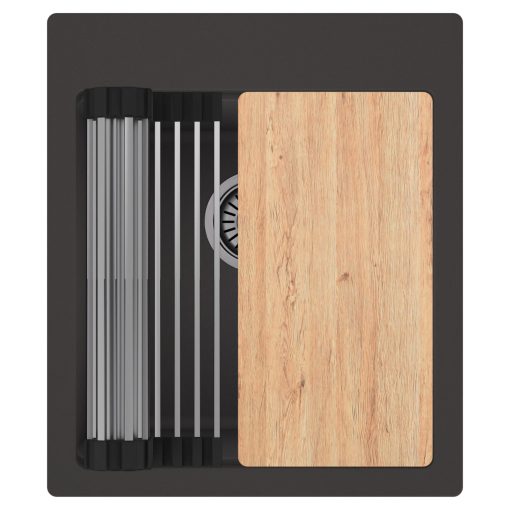 HD Infinity Antracit 43 egymedencés gránit mosogatótálca szett, vágódeszkával, acél csepegtetőráccsal, matt antracit színben, szálcsiszolt króm leeresztő szifonnal