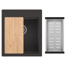 HD Infinity Antracit 43 egymedencés gránit mosogatótálca szett, vágódeszkával, acél csepegtetőkosárral, matt antracit színben, szálcsiszolt króm leeresztő szifonnal