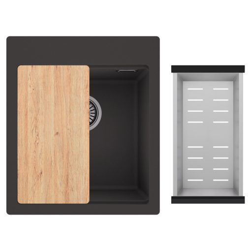 HD Infinity Antracit 43 egymedencés gránit mosogatótálca szett, vágódeszkával, acél csepegtetőkosárral, matt antracit színben, szálcsiszolt króm leeresztő szifonnal
