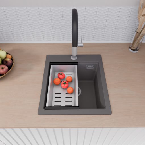 HD Infinity Antracit 43 egymedencés gránit mosogatótálca szett, vágódeszkával, acél csepegtetőkosárral, matt antracit színben, szálcsiszolt króm leeresztő szifonnal