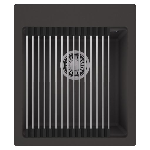 HD Infinity Antracit 43 egymedencés gránit mosogatótálca szett, acél csepegtetőráccsal, matt antracit színben, szálcsiszolt króm leeresztő szifonnal