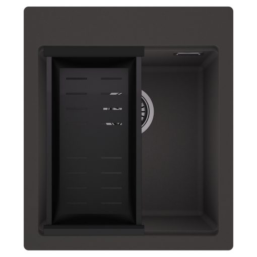 HD Infinity Antracit 43 egymedencés gránit mosogatótálca szett, matt fekete csepegtetőkosárral, matt antracit színben, szálcsiszolt króm leeresztő szifonnal