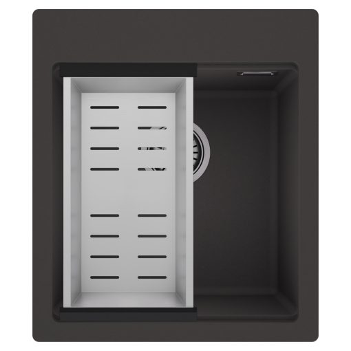 HD Infinity Antracit 43 egymedencés gránit mosogatótálca szett, acél csepegtetőkosárral, matt antracit színben, szálcsiszolt króm leeresztő szifonnal