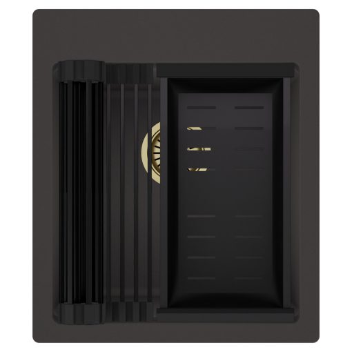 HD Infinity Antracit 43 egymedencés gránit mosogatótálca szett, matt fekete csepegtetőráccsal és kosárral, matt antracit színben, szálcsiszolt arany leeresztő szifonnal