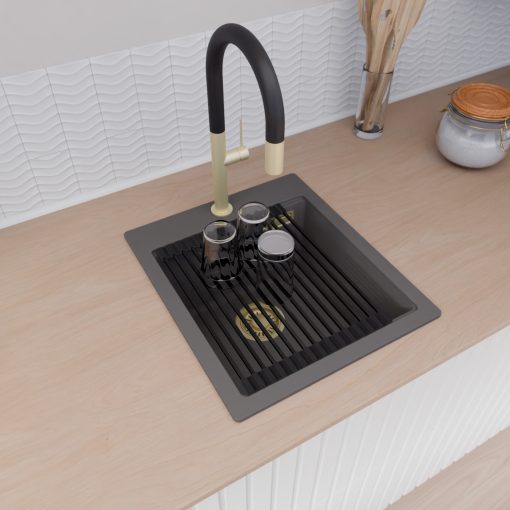 HD Infinity Antracit 43 egymedencés gránit mosogatótálca szett, matt fekete csepegtetőráccsal és kosárral, matt antracit színben, szálcsiszolt arany leeresztő szifonnal