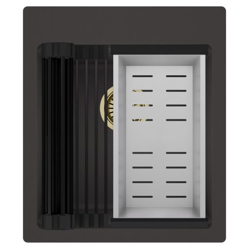 HD Infinity Antracit 43 egymedencés gránit mosogatótálca szett, matt fekete csepegtetőráccsal és krómozott kosárral, matt antracit színben, szálcsiszolt arany leeresztő szifonnal