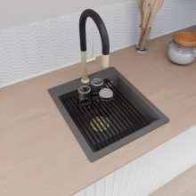 HD Infinity Antracit 43 egymedencés gránit mosogatótálca szett, matt fekete csepegtetőráccsal és krómozott kosárral, matt antracit színben, szálcsiszolt arany leeresztő szifonnal