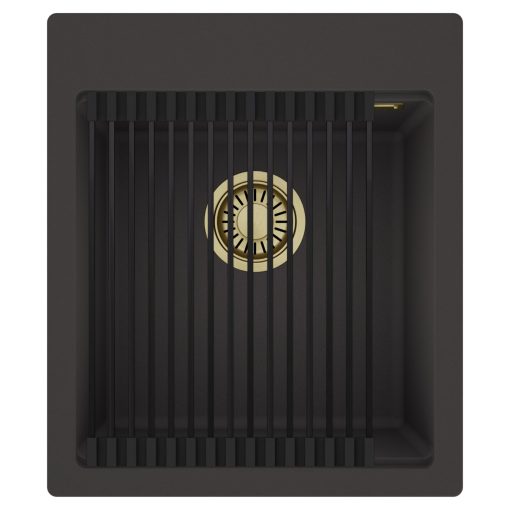 HD Infinity Antracit 43 egymedencés gránit mosogatótálca szett, matt fekete csepegtetőráccsal, matt antracit színben, szálcsiszolt arany leeresztő szifonnal