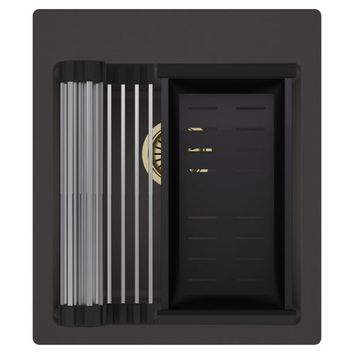 HD Infinity Antracit 43 egymedencés gránit mosogatótálca szett, acél csepegtetőráccsal és matt fekete kosárral, matt antracit színben, szálcsiszolt arany leeresztő szifonnal