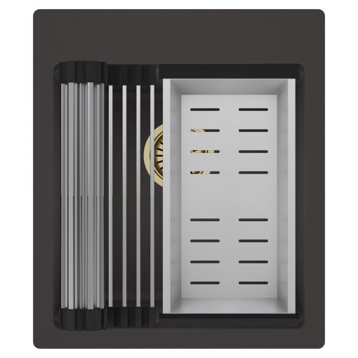 HD Infinity Antracit 43 egymedencés gránit mosogatótálca szett, acél csepegtetőráccsal és kosárral, matt antracit színben, szálcsiszolt arany leeresztő szifonnal