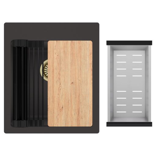 HD Infinity Antracit 43 egymedencés gránit mosogatótálca szett, vágódeszkával, matt fekete csepegtetőráccsal és krómozott kosárral, matt antracit színben, szálcsiszolt arany leeresztő szifonnal