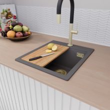 HD Infinity Antracit 43 egymedencés gránit mosogatótálca szett, vágódeszkával, matt fekete csepegtetőráccsal és krómozott kosárral, matt antracit színben, szálcsiszolt arany leeresztő szifonnal