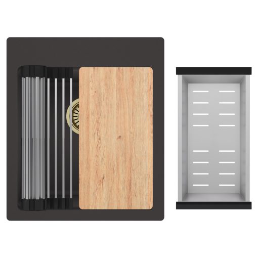 HD Infinity Antracit 43 egymedencés gránit mosogatótálca szett, vágódeszkával, acél csepegtetőráccsal és kosárral, matt antracit színben, szálcsiszolt arany leeresztő szifonnal