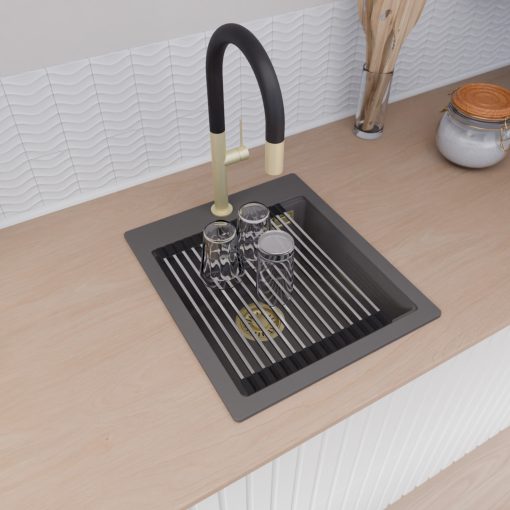 HD Infinity Antracit 43 egymedencés gránit mosogatótálca szett, vágódeszkával, acél csepegtetőráccsal és kosárral, matt antracit színben, szálcsiszolt arany leeresztő szifonnal