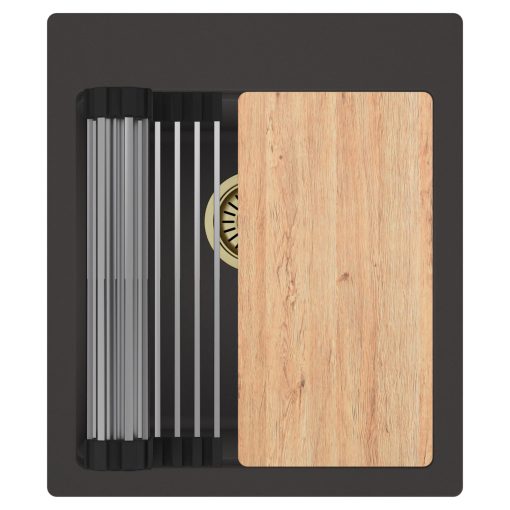 HD Infinity Antracit 43 egymedencés gránit mosogatótálca szett, vágódeszkával, acél csepegtetőráccsal, matt antracit színben, szálcsiszolt arany leeresztő szifonnal