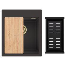 HD Infinity Antracit 43 egymedencés gránit mosogatótálca szett, vágódeszkával, matt fekete csepegtetőkosárral, matt antracit színben, szálcsiszolt arany leeresztő szifonnal