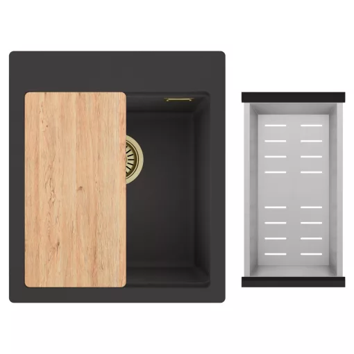HD Infinity Antracit 43 egymedencés gránit mosogatótálca szett, vágódeszkával, acél csepegtetőkosárral, matt antracit színben, szálcsiszolt arany leeresztő szifonnal