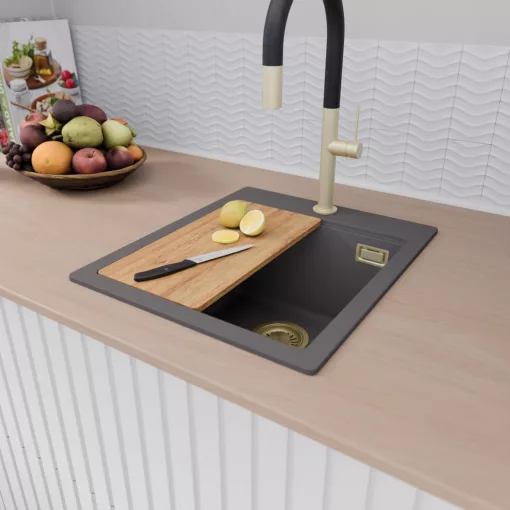 HD Infinity Antracit 43 egymedencés gránit mosogatótálca szett, vágódeszkával, acél csepegtetőkosárral, matt antracit színben, szálcsiszolt arany leeresztő szifonnal