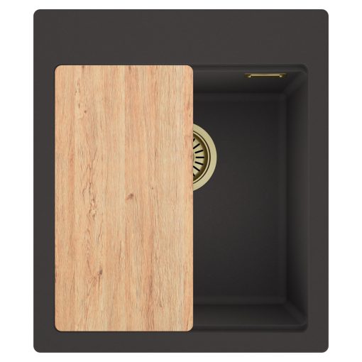 HD Infinity Antracit 43 egymedencés gránit mosogatótálca, vágódeszkával, matt antracit színben, szálcsiszolt arany leeresztő szifonnal