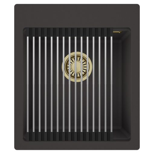 HD Infinity Antracit 43 egymedencés gránit mosogatótálca szett, acél csepegtetőráccsal, matt antracit színben, szálcsiszolt arany leeresztő szifonnal