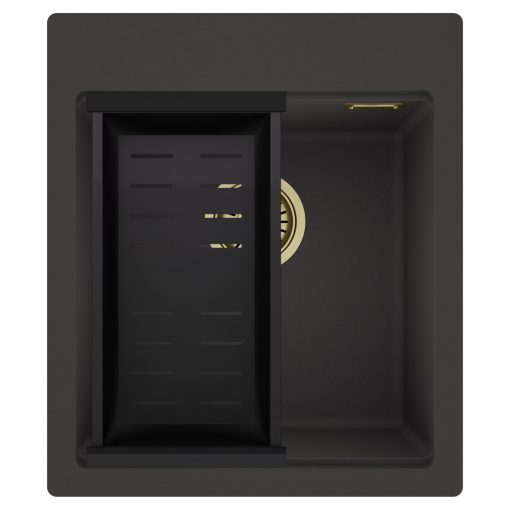 HD Infinity Antracit 43 egymedencés gránit mosogatótálca szett, matt fekete csepegtetőkosárral, matt antracit színben, szálcsiszolt arany leeresztő szifonnal