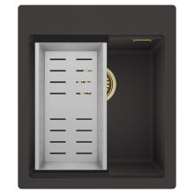 HD Infinity Antracit 43 egymedencés gránit mosogatótálca szett, acél csepegtetőkosárral, matt antracit színben, szálcsiszolt arany leeresztő szifonnal