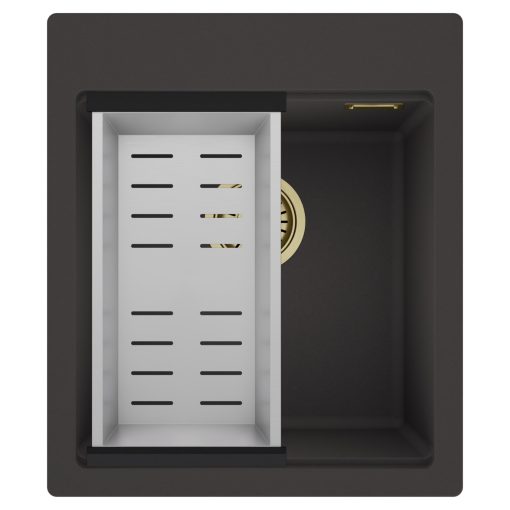 HD Infinity Antracit 43 egymedencés gránit mosogatótálca szett, acél csepegtetőkosárral, matt antracit színben, szálcsiszolt arany leeresztő szifonnal