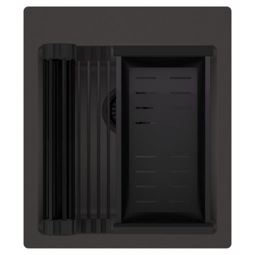 HD Infinity Antracit 43 egymedencés gránit mosogatótálca szett, matt fekete csepegtetőráccsal és kosárral, matt antracit színben, matt fekete leeresztő szifonnal