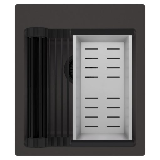 HD Infinity Antracit 43 egymedencés gránit mosogatótálca szett, matt fekete csepegtetőráccsal és krómozott kosárral, matt antracit színben, matt fekete leeresztő szifonnal