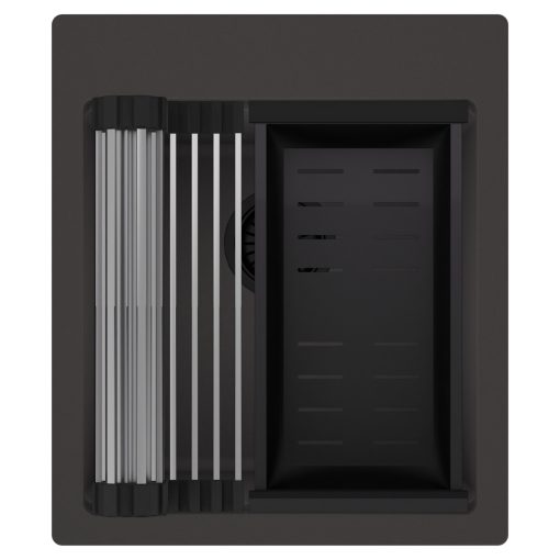 HD Infinity Antracit 43 egymedencés gránit mosogatótálca szett, acél csepegtetőráccsal és matt fekete kosárral, matt antracit színben, matt fekete leeresztő szifonnal