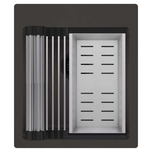 HD Infinity Antracit 43 egymedencés gránit mosogatótálca szett, acél csepegtetőráccsal és kosárral, matt antracit színben, matt fekete leeresztő szifonnal