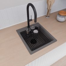 HD Infinity Antracit 43 egymedencés gránit mosogatótálca szett, vágódeszkával, matt fekete csepegtetőráccsal és kosárral, matt antracit színben, matt fekete leeresztő szifonnal