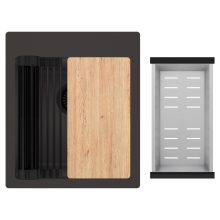 HD Infinity Antracit 43 egymedencés gránit mosogatótálca szett, vágódeszkával, matt fekete csepegtetőráccsal és krómozott kosárral, matt antracit színben, matt fekete leeresztő szifonnal