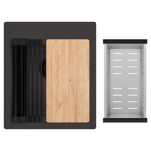 HD Infinity Antracit 43 egymedencés gránit mosogatótálca szett, vágódeszkával, matt fekete csepegtetőráccsal és krómozott kosárral, matt antracit színben, matt fekete leeresztő szifonnal