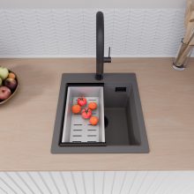 HD Infinity Antracit 43 egymedencés gránit mosogatótálca szett, vágódeszkával, matt fekete csepegtetőráccsal és krómozott kosárral, matt antracit színben, matt fekete leeresztő szifonnal