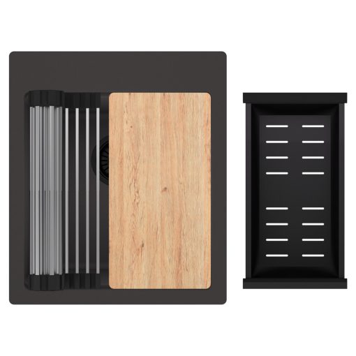 HD Infinity Antracit 43 egymedencés gránit mosogatótálca szett, vágódeszkával, acél csepegtetőráccsal és matt fekete kosárral, matt antracit színben, matt fekete leeresztő szifonnal