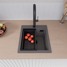 HD Infinity Antracit 43 egymedencés gránit mosogatótálca szett, vágódeszkával, acél csepegtetőráccsal és matt fekete kosárral, matt antracit színben, matt fekete leeresztő szifonnal