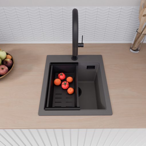 HD Infinity Antracit 43 egymedencés gránit mosogatótálca szett, vágódeszkával, acél csepegtetőráccsal és matt fekete kosárral, matt antracit színben, matt fekete leeresztő szifonnal