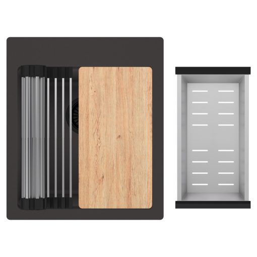 HD Infinity Antracit 43 egymedencés gránit mosogatótálca szett, vágódeszkával, acél csepegtetőráccsal és kosárral, matt antracit színben, matt fekete leeresztő szifonnal